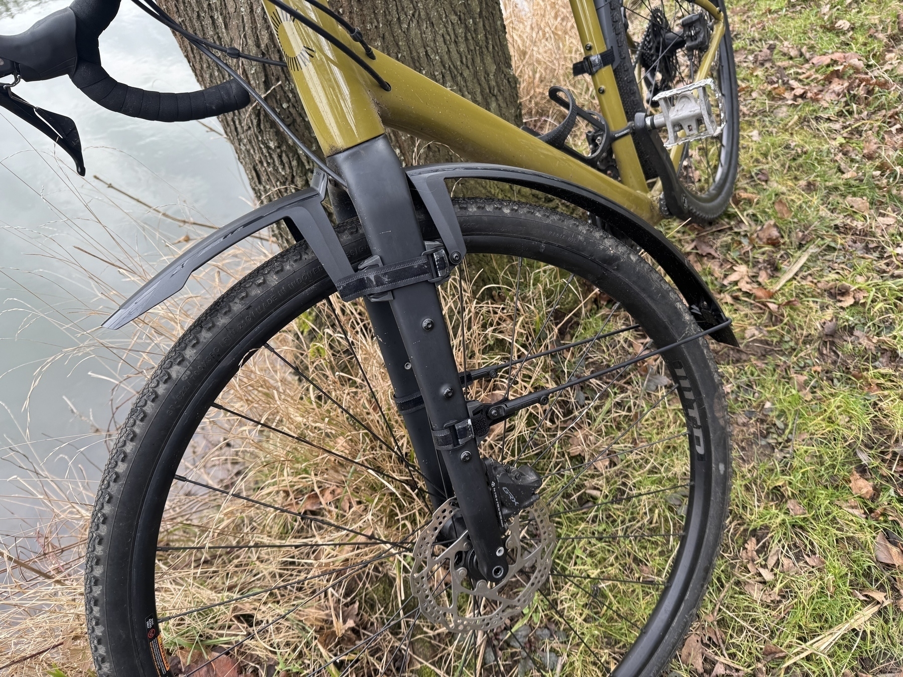 A bicycle with a front mudguard is parked on grass beside a tree and a body of water.